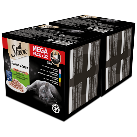 SHEBA® Sauce Lover Mega Pack – pełnoporcjowa, mokra karma w sosie dla dorosłych kotów (z łososiem, z tuńczykiem, z kurczakiem, z kaczką) – 64x85g