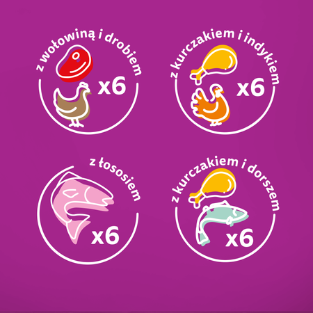 WHISKAS Adult Tasty Mix saszetka 24 x 85 g Wybór Szefa Kuchni - mokra karma pełnoporcjowa dla dorosłych kotów, w sosie (kawałki z: wołowiną, drobiem i warzywami; łososiem i marchewką; kurczakiem i indykiem; kurczakiem i dorszem)