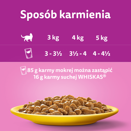 WHISKAS Adult saszetka 4 x 85 g Drobiowa Uczta - mokra karma pełnoporcjowa dla dorosłych kotów, w sosie (kawałki z: kurczakiem, indykiem)