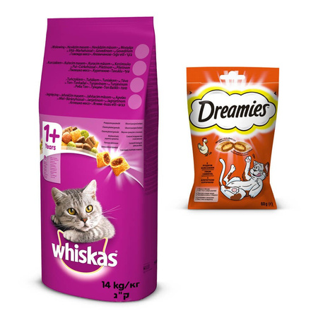 WHISKAS Adult 14 kg - sucha karma pełnoporcjowa dla dorosłych kotów, z pyszną wołowiną + DREAMIES GRATIS