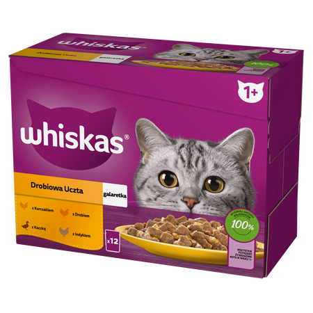 WHISKAS Adult saszetka 12 x 85 g Drobiowa Uczta - mokra karma pełnoporcjowa dla dorosłych kotów, w galaretce (kawałki z: kurczakiem, kaczką, drobiem, indykiem)