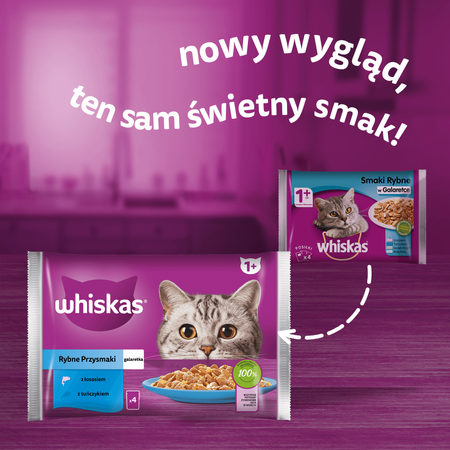 WHISKAS Adult saszetka 4 x 85 g Rybne Przysmaki - mokra karma pełnoporcjowa dla dorosłych kotów, w galaretce (kawałki z: łososiem, tuńczykiem)