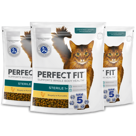 Perfect Fit™ Sterile (1+) 3x750g – sucha karma pełnoporcjowa dla dorosłych kotów, bogata w kurczaka