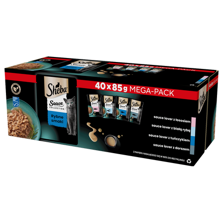 SHEBA Sauce Collection Rybne Smaki saszetki 40x85 g – mokra karma pełnoporcjowa dla dorosłych kotów, w sosie (kawałki z: łososiem, białą rybą, tuńczykiem, dorszem)