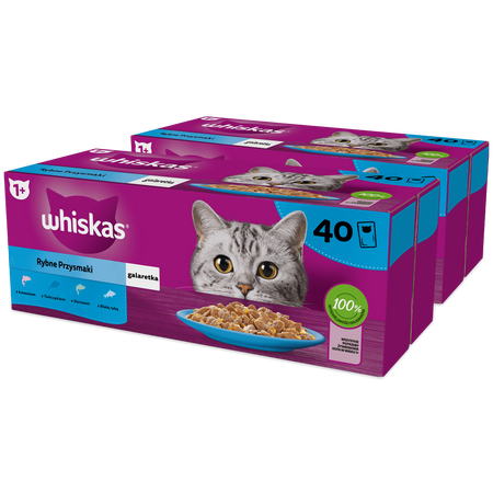 WHISKAS Adult saszetka 80 x 85 g Rybne Przysmaki - mokra karma pełnoporcjowa dla dorosłych kotów, w galaretce (kawałki z: łososiem, tuńczykiem, dorszem, białą rybą)