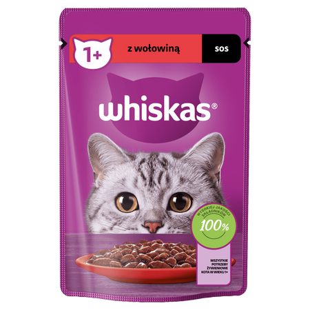 WHISKAS Adult saszetka 28x85g - mokra karma pełnoporcjowa dla dorosłych kotów, kawałki z wołowiną w sosie