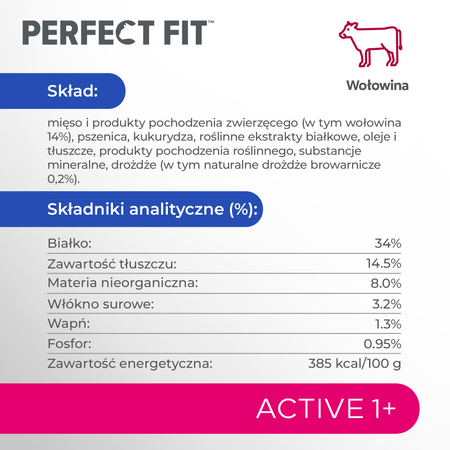 Perfect Fit™ Active (1+) 6x750g – sucha karma pełnoporcjowa dla dorosłych kotów, bogata w wołowinę