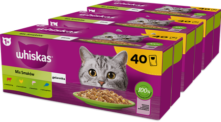 WHISKAS Adult saszetka 3x40x85g Mix Smaków - mokra karma pełnoporcjowa dla dorosłych kotów, w galaretce (kawałki z: wołowiną, kurczakiem, łososiem, tuńczykiem)