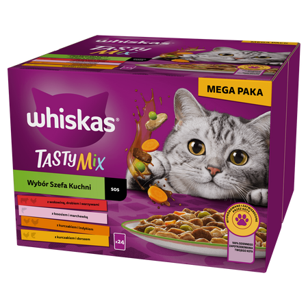 WHISKAS Adult Tasty Mix saszetka 24 x 85 g Wybór Szefa Kuchni - mokra karma pełnoporcjowa dla dorosłych kotów, w sosie (kawałki z: wołowiną, drobiem i warzywami; łososiem i marchewką; kurczakiem i indykiem; kurczakiem i dorszem)