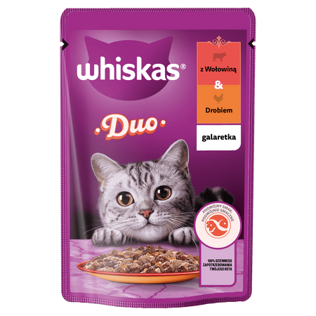 WHISKAS Adult saszetka 28x85 g - mokra karma pełnoporcjowa dla dorosłych kotów, kawałki z wołowiną i drobiem w galaretce