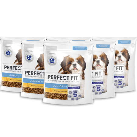 Perfect Fit™ Junior <1 6x825 g – sucha karma pełnoporcjowa dla szczeniąt małych ras, bogata w kurczaka