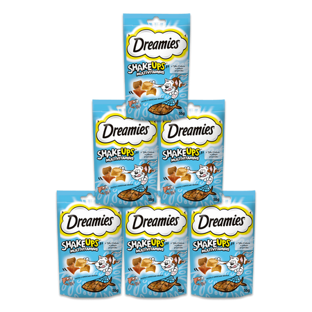 DREAMIES Shake Ups Multivitamins 6x55 g – przysmak dla kota, uczta z owocami morza (o smaku łososia, tuńczyka i krewetek)