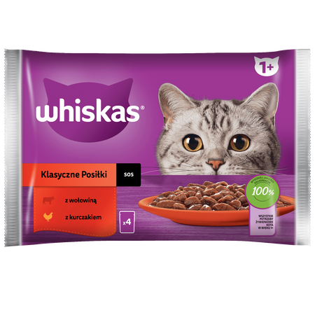 WHISKAS Adult saszetka 4 x 85 g Klasyczne Posiłki - mokra karma pełnoporcjowa dla dorosłych kotów, w sosie (kawałki z: wołowiną, kurczakiem)