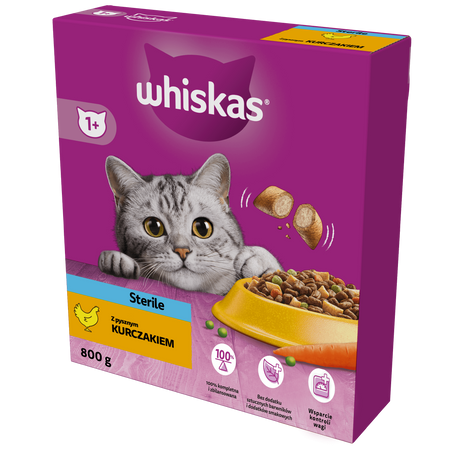 WHISKAS Sterile 800 g - sucha karma pełnoporcjowa dla dorosłych kotów po zabiegu kastracji, z pysznym kurczakiem