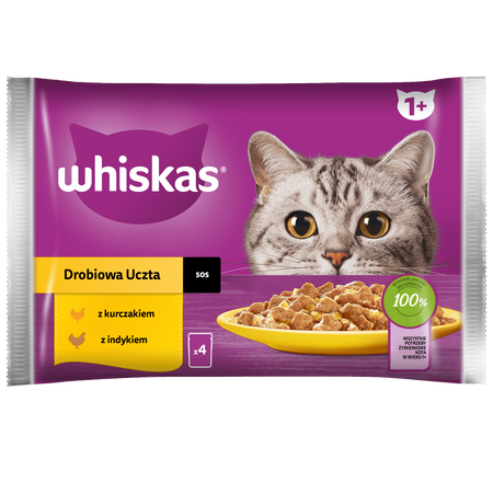 WHISKAS Adult saszetka 4 x 85 g Drobiowa Uczta - mokra karma pełnoporcjowa dla dorosłych kotów, w sosie (kawałki z: kurczakiem, indykiem)