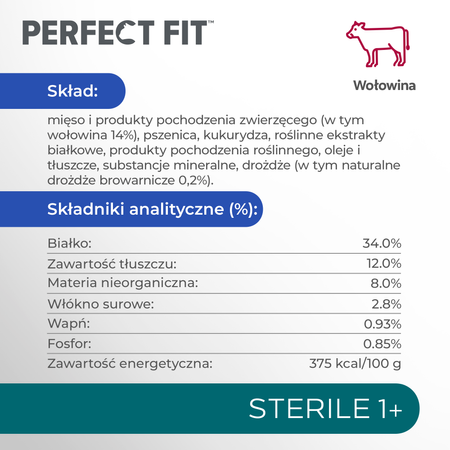 Perfect Fit™ Sterile 1+ 750 g – sucha karma pełnoporcjowa dla dorosłych kotów, bogata w wołowinę