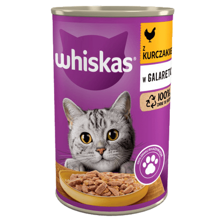WHISKAS Adult puszka 400 g - mokra karma pełnoporcjowa dla dorosłych kotów, kawałki z kurczakiem w galaretce