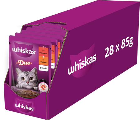 WHISKAS Adult saszetka 28x85 g - mokra karma pełnoporcjowa dla dorosłych kotów, kawałki z wołowiną i drobiem w galaretce