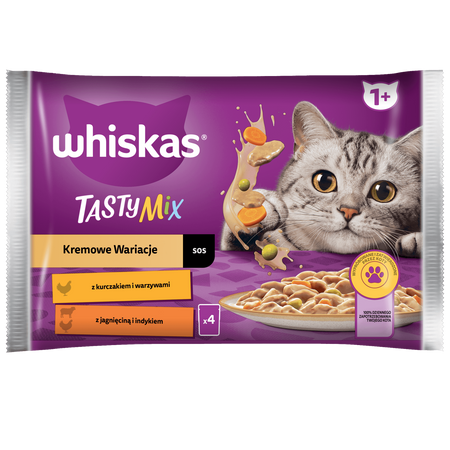WHISKAS Adult saszetka 4 x 85 g Kremowe Wariacje - mokra karma pełnoporcjowa dla dorosłych kotów, w sosie (kawałki z: kurczakiem i warzywami, jagnięciną i indykiem)