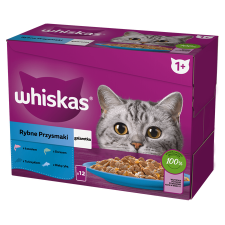 WHISKAS Adult saszetka 12 x 85 g Rybne Przysmaki - mokra karma pełnoporcjowa dla dorosłych kotów, w galaretce (kawałki z: łososiem, tuńczykiem, dorszem, białą rybą)