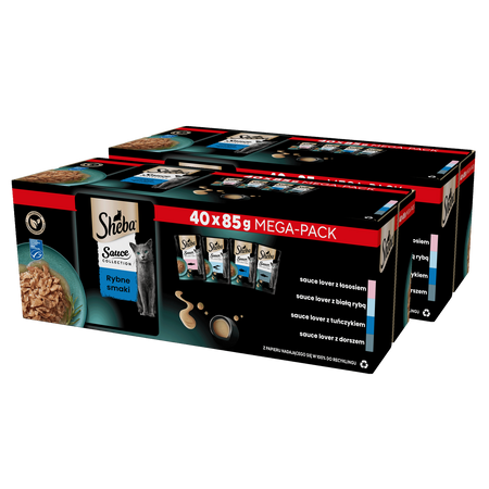 SHEBA Sauce Collection Rybne Smaki saszetki 2x40x85 g – mokra karma pełnoporcjowa dla dorosłych kotów, w sosie (kawałki z: łososiem, białą rybą, tuńczykiem, dorszem)