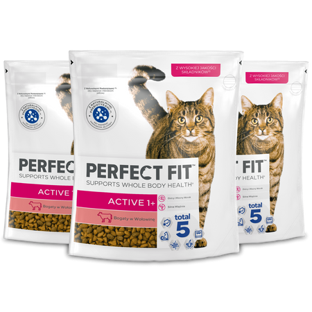 Perfect Fit™ Active (1+) 3x750g – sucha karma pełnoporcjowa dla dorosłych kotów, bogata w wołowinę