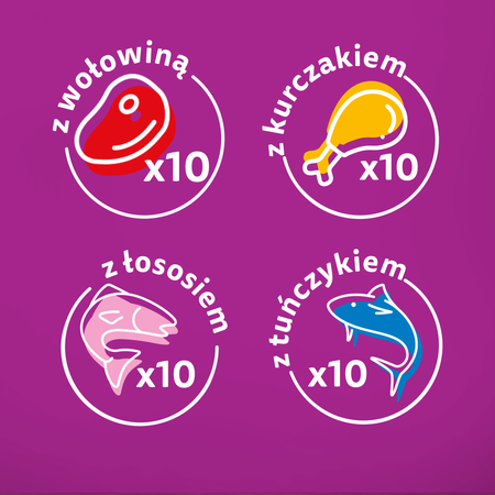 WHISKAS Adult saszetka 40 x 85 g Mix Smaków - mokra karma pełnoporcjowa dla dorosłych kotów, w galaretce (kawałki z: wołowiną, kurczakiem, łososiem, tuńczykiem)