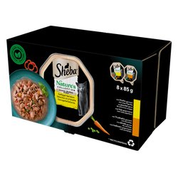 SHEBA Nature’s Collection Drobiowe Smaki tacki 8x85 g – mokra karma pełnoporcjowa dla dorosłych kotów, w sosie (kawałki z: kurczakiem przybranym czerwoną papryką, indykiem przybranym marchewką)