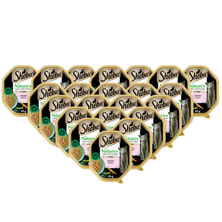 SHEBA Nature’s Collection tacka 22x85 g – mokra karma pełnoporcjowa dla dorosłych kotów, kawałki z łososiem przybranym groszkiem, w sosie
