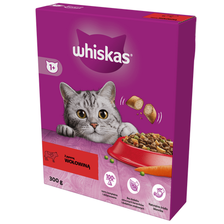 WHISKAS Adult 300 g - sucha karma pełnoporcjowa dla dorosłych kotów, z pyszną wołowiną