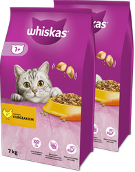 WHISKAS Adult 2x7kg - sucha karma pełnoporcjowa dla dorosłych kotów, z pysznym kurczakiem
