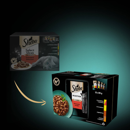 SHEBA Selection Soczyste Smaki saszetki 12x85 g – mokra karma pełnoporcjowa dla dorosłych kotów, w sosie (kawałki z: kurczakiem i wołowiną, kurczakiem, jagnięciną, kaczką i indykiem)
