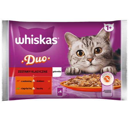 WHISKAS Adult saszetka 4 x 85 g Zestawy Klasyczne - mokra karma pełnoporcjowa dla dorosłych kotów, w galaretce (kawałki z: wołowiną i drobiem, jagnięciną i kaczką)