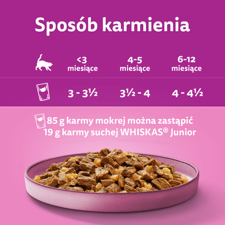 WHISKAS Junior saszetka 12 x 85 g Drobiowe Frykasy - mokra karma pełnoporcjowa dla kociąt, w galaretce (kawałki z: kurczakiem, indykiem, drobiem, kaczką)