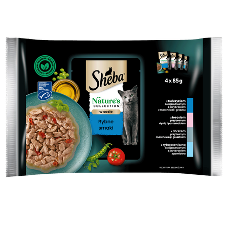 SHEBA Nature’s Collection Rybne Smaki 4x85 g – mokra karma pełnoporcjowa dla dorosłych kotów, w sosie