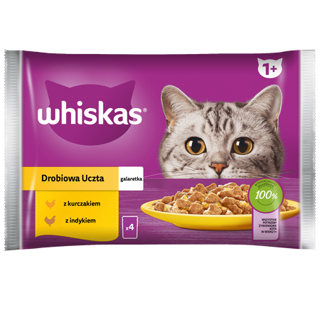 WHISKAS Adult saszetka 4 x 85 g Drobiowa Uczta - mokra karma pełnoporcjowa dla dorosłych kotów, w galaretce (kawałki z: kurczakiem, indykiem)