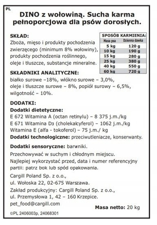 DINO SUCHA KARMA Z WOŁOWINĄ 8% DLA PSA 20KG