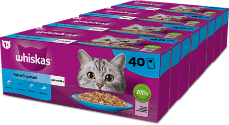 WHISKAS Adult saszetka 4x40x85 g Rybne Przysmaki - mokra karma pełnoporcjowa dla dorosłych kotów, w galaretce (kawałki z: łososiem, tuńczykiem, dorszem, białą rybą)