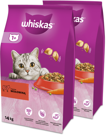 WHISKAS Adult 2x14 kg - sucha karma pełnoporcjowa dla dorosłych kotów, z pyszną wołowiną