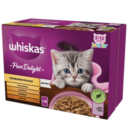 WHISKAS Junior saszetka 12 x 85 g Drobiowe Frykasy - mokra karma pełnoporcjowa dla kociąt, w galaretce (kawałki z: kurczakiem, indykiem, drobiem, kaczką)