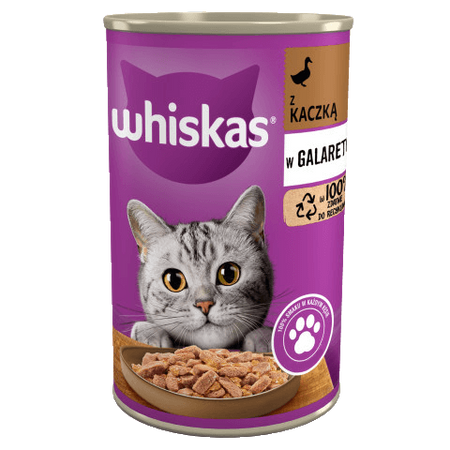 WHISKAS Adult puszka 400 g - mokra karma pełnoporcjowa dla dorosłych kotów, kawałki z kaczką w galaretce