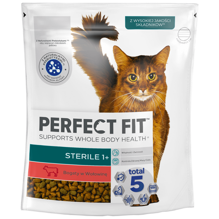 Perfect Fit™ Sterile 1+ 750 g – sucha karma pełnoporcjowa dla dorosłych kotów, bogata w wołowinę