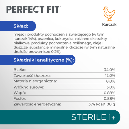 Perfect Fit™ Sterile 1+ 7 kg – sucha karma pełnoporcjowa dla dorosłych kotów, bogata w kurczaka